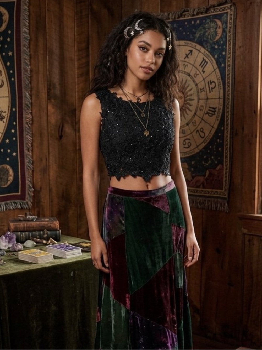 Poly USA Black Beaded Lace Formal Crop Top HOCO Whimsigoth Vampy Goth Glam S